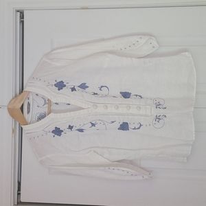 M&S Per Una White Linen Embroidered Top